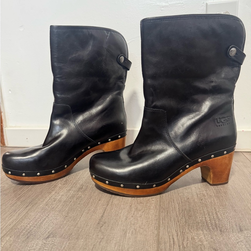UGG Black Leather Clogs with Wooden Heel